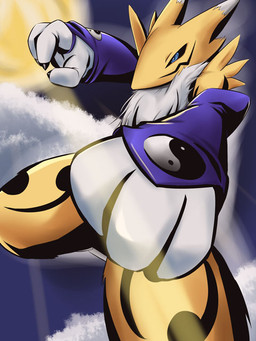 3_fingers ambiguous_gender anthro armwear black_sclera blue_eyes bridal_gauntlets chest_tuft claws clothing day dipstick_ears ear_markings fingers fur mostly_nude multicolored_ears outside punch solo sun tuft white_body white_fur yellow_body yellow_fur sakamata_orca bandai_namco digimon canid canine digimon_(species) mammal renamon 3:4