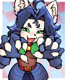 anthro belt blue_hair claws clothed clothed_female clothing collar cute_fangs fangs female finger_claws fingerless_gloves fur gloves green_eyes hair handwear looking_at_viewer open_:3 open_mouth open_smile rawr smile smug solo teeth whiskers white_body white_ears white_fur servalitas domestic_cat felid feline felis mammal 5:6 hi_res