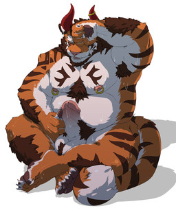 anthro balls belly big_belly bodily_fluids brown_eyes brown_hair brown_markings dripping erection fangs front_view fur genital_fluids genitals hair horn humanoid_genitalia humanoid_penis male markings moobs muscular muscular_anthro muscular_male narrowed_eyes nipple_piercing nipple_ring nipples nude open_mouth orange_body orange_fur overweight overweight_anthro overweight_male penis piercing precum precum_drip pupils red_horn red_pupils ring_piercing short_hair simple_background sitting slit_pupils solo striped_arms striped_legs striped_markings striped_tail stripes sweat sweatdrop tail tail_markings teeth white_background white_balls white_body white_fur dust_yang felid mammal hi_res