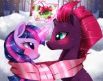 blush broken_horn clothing duo female forest hair holidays holly_(plant) horn love magic multicolored_hair outside pattern_clothing pattern_scarf pink_hair plant purple_eyes scarf sharing_clothing sharing_scarf smile snow snowing striped_clothing striped_scarf stripes teal_eyes tree winter beanbunn christmas friendship_is_magic hasbro my_little_pony my_little_pony:_the_movie_(2017) mythology tempest_shadow_(mlp) twilight_sparkle_(mlp) equid equine mammal mythological_creature mythological_equine unicorn 2017