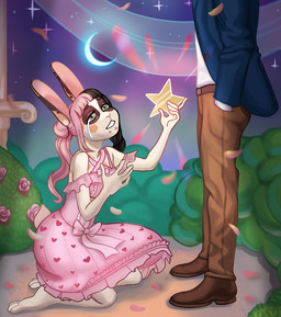 anthro bodily_fluids clothed clothing duo female kneeling male stage star tears nayechan elizabeth_"bit"_wise lagomorph leporid mammal rabbit 2022