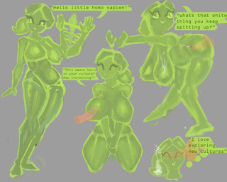 big_breasts blush bodily_fluids breasts butt casual_exposure casual_nudity casual_sex cum cum_in_nipples cum_inside dialogue duo eyelashes female female_penetrated genital_fluids genitals green_body green_skin greeting interspecies long_eyelashes male male/female male_penetrating male_penetrating_female naive naive_sex nipple_fetish nipple_penetration nipple_play nipple_sex nipples nonchalant nude oblivious penetration penis sex simple_background skullfuck slime smile speech_bubble text thick_thighs vaginal vaginal_penetration zerooxide alien goo_creature human humanoid mammal 5:4 absurd_res digital_media_(artwork) english_text hi_res