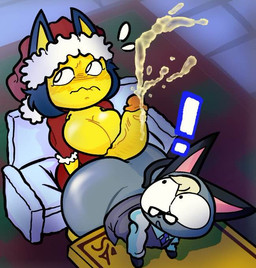 anthro big_breasts big_butt blush breasts butt christmas_clothing clothing duo ejaculation embarrassed exclamation_point fur genitals grey_body grey_fur gynomorph gynomorph/male holidays hot_dogging intersex intersex/male male penis rubbing_penis rubbing_penis_on_anus sex shocked yellow_body yellow_fur dihcore animal_crossing christmas nintendo ankha_(animal_crossing) raymond_(animal_crossing)