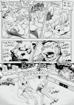 2017 5_fingers 5_toes anthro ape arctic_fox back_groove big_breasts bikini breasts canid canine clothing comic daigaijin dialogue duo english_text eye_patch eyewear feet felid female fenny_(furryfight_chronicles) fingers fluffy fluffy_tail fox front_view furryfight_chronicles gorilla haplorhine hi_res kangaroo macropod mammal marsupial missy_lacroix monochrome motion_lines one-piece_swimsuit open_mouth pantherine primate procyonid raccoon rear_view roora shoulder_blades side_view snout speech_bubble swimwear tail tail_grab text three-quarter_view tiger toes true_fox wrestling zilla_ka_rilla