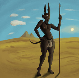 anthro barefoot black_body bottomwear bulge clothed clothing desert feet hand_on_hip leaning_on_object loincloth loincloth_only male melee_weapon navel nipples outside pecs polearm pyramid sand solo spear standing tail topless weapon yellow_eyes lickerdemon canid canine canis jackal mammal 2022 absurd_res hi_res shaded