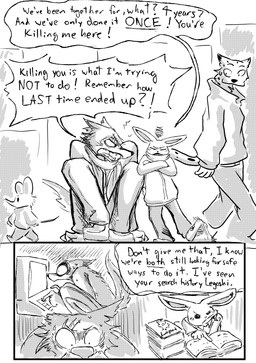 anthro belt bodily_fluids book bottomwear clothing coat computer dialogue duo electronics female footwear jacket male markings pants phone reading scar scarf shoes sitting sitting_on_ground spots spotted_markings sweat tapping_foot text topwear typing dragonweirdo beastars haru_(beastars) legoshi_(beastars) canid canine canis cheetah eulipotyphlan felid feline lagomorph leporid mammal rabbit shrew wolf absurd_res comic english_text hi_res monochrome