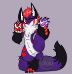 ambiguous_gender anthro fur hair kemono nude purple_body purple_fur red_body red_eyes red_fur red_hair simple_background smile solo spread_legs spreading tongue tongue_out nikorieru laga_kemono canid canine fox mammal 2020 digital_media_(artwork) hi_res