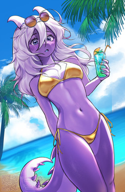 alcohol anthro beach belly beverage bikini blue_eyes breasts clothing cocktail dragon_tail eyewear eyewear_on_head female glasses glasses_on_head gold_bikini hair holding_beverage holding_object horn palm_tree plant purple_body purple_eyes qr_code sky solo spiked_tail spikes spikes_(anatomy) swimwear tail tree two-piece_swimsuit white_hair niterra mythology rythmyr dragon mythological_creature mythological_scalie scalie 2025 digital_media_(artwork) hi_res