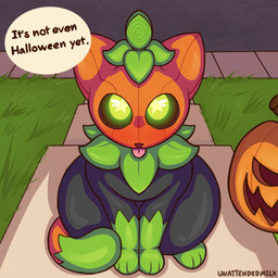 black_nose blep blush body_blush dialogue feet feral food for_a_head fruit fur glistening glistening_body glistening_eyes glowing glowing_eyes green_body green_eyes green_feet green_fur holidays huge_thighs jack-o'-lantern looking_at_viewer looking_up male multicolored_body multicolored_fur multicolored_tail plant pumpkin pumpkin_head simple_background sitting sitting_on_ground solo speech_bubble star_eyes tail text textured_background thick_thighs tongue tongue_out trick-or-treating two_tone_body two_tone_fur unattendedmilk halloween pumkat domestic_cat elemental_creature felid feline felis flora_fauna food_creature living_fruit mammal object_head 1:1 english_text hi_res signature