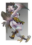 anthro beak blue_eyes bottomwear bra breasts butt clothed clothing eyelashes feathers feet female footwear freckles gesture hand_gesture skirt socks solo tail tail_feathers talons toes underwear upskirt v_sign white_body winged_arms wings ronff lyra_(w4g4) avian bird potoo hi_res signature