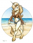 anthro beach blue_eyes bottomwear breasts clothing detailed_background female horn medium_breasts outside sand sea seaside shorts sky solo tail tail_tuft tuft water megan_giles mythology equid equine mammal mythological_creature mythological_equine unicorn 2006