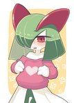 blush clothing female green_hair hair not_furry open_mouth red_eyes simple_background solo sweater topwear ino nintendo pokemon generation_3_pokemon humanoid kirlia pokemon_(species) 2021 hi_res