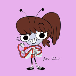 antennae_(anatomy) anthro athletic_wear bangs black_clothing black_footwear black_legs black_shoes bottomwear brown_hair cleats clothing female footwear gloves grey_body grey_skin gym_bottomwear gym_shorts hair handwear high_ponytail insect_wings ponytail red_bottomwear red_clothing red_shorts red_sleeves red_stripes shirt shorts sleeves smile socks solo stripes thick_hair topwear voice_actor_joke white_clothing white_footwear white_gloves white_handwear white_shirt white_socks white_topwear wings justin_caban disney nickelodeon the_buzz_on_maggie the_loud_house lynn_loud maggie_pesky arthropod fly_(animal) insect