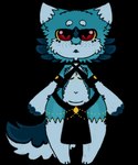 anthro blue_body blue_fur breasts cheek_tuft clothed clothing facial_tuft female fur jewelry lipstick looking_at_viewer makeup markings necklace red_eyes simple_background tail text topwear tuft white_body white_fur sosu-the-blue-wolf meme_clothing bellsosu_(fursona) canid canine canis mammal wolf digital_media_(artwork) meme