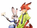 2016 anthro breasts buckteeth butt butt_pose canid canine clothed clothing disney duo female fox fur green_eyes grey_body grey_fur hi_res judy_hopps lagomorph leporid male mammal miaojuna necktie nick_wilde police police_uniform pose purple_eyes rabbit red_body red_fox red_fur selfie selfie_stick shirt simple_background size_difference small_breasts smile teeth topwear true_fox uniform white_background zootopia