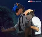 anthro black_nose blood blue_hair bodily_fluids clothed clothing countershading detailed_background duo green_eyes hair male night open_mouth outside sky star starry_sky teeth tongue nerton canid canine mammal 2021 absurd_res digital_media_(artwork) hi_res