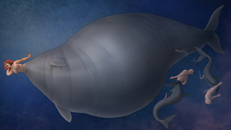 belly big_belly blue_background bodily_fluids breasts cum female genital_fluids genitals group hair male orange_hair overweight penis simple_background split_form trio underwater water meanybeany aquatic merfolk 16:9 2021 hi_res widescreen