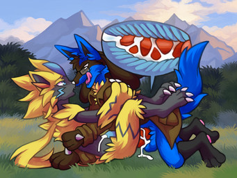 anal anal_orgasm anal_penetration animal_genitalia animal_penis anthro anthro_on_anthro anthro_penetrated anthro_penetrating anthro_penetrating_anthro balls biped black_body black_fur blue_balls blue_body blue_eyes blue_fur blue_penis bodily_fluids brown_clothing brown_coat brown_eyes brown_topwear canine_genitalia canine_penis claws close-up clothing cloud coat cum cum_in_ass cum_inside cum_on_ground cum_on_knot cum_on_penis cum_on_self cum_while_penetrated cumshot duo ejaculation erection eyewear feet fluffy fluffy_tail from_front_position fur genital_fluids genitals glasses grass hands-free holding_partner internal internal_anal kneeling knot legs_up licking licking_lips looking_at_another looking_at_partner looking_pleasured lying lying_on_another male male/male male_anthro male_on_bottom male_on_top male_penetrated male_penetrating male_penetrating_male missionary_position mountain mountain_range nature nature_background on_back on_bottom on_top open_mouth orgasm outside outside_sex paws penetration penile penile_penetration penis penis_in_ass plant red_penis sex sheath shrub simultaneous_orgasms sky tail toe_claws toes tongue tongue_out topwear wearing_glasses whiskers yellow_body yellow_fur spookybooty nintendo pokemon siver_(siverarts) canid felid generation_4_pokemon generation_7_pokemon legendary_pokemon lucario mammal pokemon_(species) zeraora digital_media_(artwork) hi_res