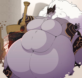 anthro armor belly big_belly big_moobs black_pawpads building chubby_cheeks claws clothed clothing facial_hair fluffy fluffy_hair goatee hair headgear helmet holding_melee_weapon holding_object holding_sword holding_weapon huge_belly huge_moobs hyper hyper_belly long_hair male melee_weapon moobs morbidly_obese morbidly_obese_anthro morbidly_obese_male navel obese obese_anthro obese_male outside overweight overweight_anthro overweight_male pawpads solo standing sword thick_thighs topless topless_male tower weapon white_facial_hair white_goatee white_hair noirbutt elden_ring fromsoftware maliketh_(elden_ring) 2025 hi_res