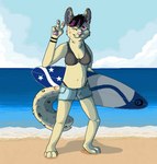 anthro beach bikini black_hair black_markings blue_sky bottomwear breasts brown_markings cleavage clothed clothing cloud day denim denim_bottomwear denim_clothing denim_shorts detailed_background eyebrows feet female female_anthro fur gesture hair hand_gesture highlights_(coloring) hindpaw holding_object holding_surfboard humanoid_hands leopard_spots looking_at_viewer markings o-ring o-ring_bikini o-ring_bikini_top o-ring_swimwear one_eye_closed outside pawpads paws pink_eyes pink_highlights pink_markings pink_nose pink_pawpads plantigrade sea seaside shorts sky smile smiling_at_viewer solo spots standing surfboard swimwear tail tan_body tan_fur two-piece_swimsuit v_sign water wink winking_at_viewer sebdoggo pandora_(tabbystorm) canid canine canis mammal wolf 2013 aliasing cel_shading digital_drawing_(artwork) digital_media_(artwork) full-length_portrait microsoft_paint_(artwork) portrait shaded