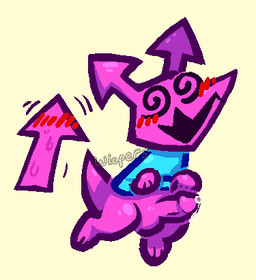 arrow_(anatomy) blue_clothing blue_dress blush bodily_fluids clothed clothing clothing_lift dress dripping erection genital_fluids genitals male open_mouth open_smile penis precum precum_drip purple_body revealing_penis smile solo spiral spiral_eyes text wicpers deltarune undertale_(series) darkner virovirokun 2021 digital_media_(artwork) low_res