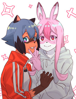 anthro blue_body blue_eyes blue_fur blue_hair brown_body brown_fur clothed clothing duo female fur gesture hair hand_gesture happy long_hair looking_at_viewer pink_body pink_fur pink_hair smile topwear v_sign white_body white_fur takao_0901 brand_new_animal studio_trigger michiru_kagemori nazuna_hiwatashi canid canine fox mammal raccoon_dog tanuki 2020 absurd_res hi_res