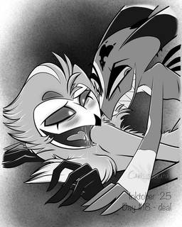 anthro beak blush blush_lines bodily_fluids chest_tuft clenched_teeth drooling duo fangs feathers horn lying male male/male multi_eye nude on_front open_mouth saliva saliva_on_tongue saliva_string sex teeth tongue tuft atimon hellaverse helluva_boss blitzo_(helluva_boss) stolas_(helluva_boss) avian demon imp 2025 4:5 hi_res monochrome signature