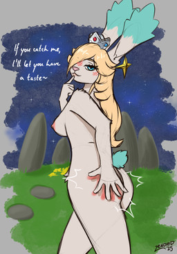 5_fingers alternate_species anthro blonde_hair blush breasts butt butt_slap crown dialogue female fingers furrification hair headgear humanoid_hands nipples nude nude_anthro nude_female sky slap solo star starry_sky tail text thick_thighs zendrid mario_bros nintendo super_mario_galaxy rosalina_(mario) lagomorph leporid mammal rabbit star_bunny english_text hi_res
