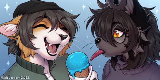 anthro biped claws clothed clothed_anthro clothed_female clothed_male clothing dessert duo female fingers food fur hair hat headgear headwear ice_cream inner_ear_fluff male simple_background smile teeth tongue tuft whiskers kyotoleopard domestic_cat felid feline felis mammal 2026 2:1 absurd_res digital_drawing_(artwork) digital_media_(artwork) hi_res