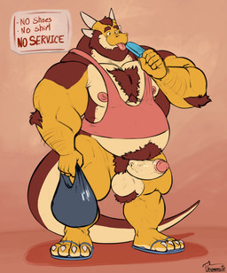4_horns 4_toes 5_fingers anthro areola arm_hair arm_tuft ball_tuft balls barazoku beard belly big_balls big_muscles biped body_hair bottomless bottomless_anthro bottomless_male brown_beard brown_body brown_eyebrows brown_facial_hair brown_hair brown_pubes brown_scales chest_hair claws closed_smile clothed clothed_anthro clothed_male clothing countershade_face countershade_feet countershade_neck countershade_tail countershade_torso countershading elbow_tuft erection eyebrows facial_hair feet fingers flip_flops food footwear foreskin genitals glans gradient_background hair happy_trail holding_bag holding_food holding_object holding_popsicle horn huge_muscles humanoid_genitalia humanoid_hands humanoid_penis licking licking_food licking_popsicle male male_anthro manly mouth_closed multi_horn multicolored_body multicolored_scales musclegut muscular muscular_anthro muscular_arms muscular_male navel nipples non-mammal_balls non-mammal_navel non-mammal_nipples overweight overweight_male partially_retracted_foreskin pecs penis pink_areola pink_clothing pink_glans pink_nipples pink_shirt pink_tank_top pink_tongue pink_topwear plantigrade popsicle pubes sandals scales shirt shoes sign simple_background smile solo standing tail tan_body tan_countershading tan_scales tank_top text three-quarter_view toe_claws toes tongue tongue_out topwear tuft vein veiny_penis white_claws white_horn white_toe_claws yellow_body yellow_scales uniparasite european_mythology mythology note_raygun dragon mythological_creature mythological_scalie scalie western_dragon wingless_dragon digital_drawing_(artwork) digital_media_(artwork) english_text full-length_portrait hi_res portrait signature
