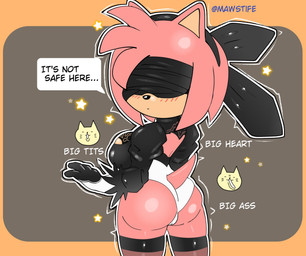 anthro big_breasts big_butt black_clothing black_nose black_topwear blindfold blush blush_lines bottomwear breasts butt camel_toe clothed clothing cosplay crossover_cosplay dialogue female fur grey_background hair head_tuft legwear looking_back orange_background pink_body pink_fur pink_hair rear_view short_hair simple_background solo speech_bubble stockings tan_body tan_fur text thick_thighs topwear tuft white_bottomwear white_clothing wide_hips mawstrife nier_automata platinumgames sega sonic_the_hedgehog_(series) amy_rose yorha_2b eulipotyphlan hedgehog mammal crossover hi_res