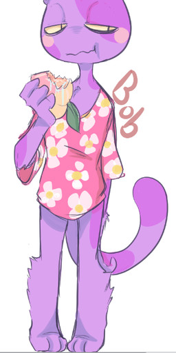 3_fingers 3_toes ambiguous_gender anthro barefoot biped bite_mark bite_taken blush cheek_bulge clothing eating feet fingers food front_view fruit fur half-closed_eyes holding_food holding_object leg_tuft long_tail looking_away markings narrowed_eyes oversized_clothing oversized_shirt oversized_topwear peach_(fruit) pink_clothing plant purple_body purple_fur purple_spots purple_tail shirt simple_background slim solo spots spotted_body spotted_fur standing tail text thin_thighs toes toony topwear tuft white_background yellow_sclera mayadile animal_crossing nintendo bob_(animal_crossing) domestic_cat felid feline felis mammal 2015 character_name digital_drawing_(artwork) digital_media_(artwork) english_text full-length_portrait portrait