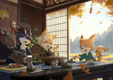 anthro asian_clothing chopsticks clothing detailed_background drawer east_asian_architecture east_asian_clothing eating food fur furniture group hair haori horn japanese_clothing kemono kimono leaf male mask plant pointy_ears shoji sitting striped_body striped_fur stripes table tree wind young lokey mythology ambiguous_species dragon felid feline lynx mammal mythological_creature mythological_scalie scalie hi_res