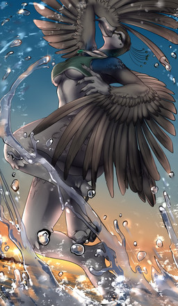 anthro avian_feet beach beak breasts clothed clothing elegance female jumping non-mammal_breasts sea seaside solo sunset under_boob water strigiformes geneva avian bird galliform peafowl phasianid 2018 digital_media_(artwork) hi_res