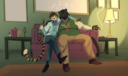age_difference anthro ashtray christmas_clothing christmas_sweater christmas_topwear cigar clothed clothing detailed_background duo furniture holidays lamp male male/male obese obese_anthro obese_male older_male on_sofa overweight overweight_anthro overweight_male singing size_difference sofa solo sweater topwear wine_bottle twistedteeth christmas cheetah felid feline jaguar mammal pantherine hi_res trans_(lore) trans_man_(lore)
