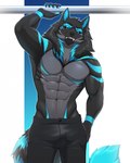 5_fingers anthro athletic athletic_male black_body blue_markings bottomwear clothing fingers fur hair looking_at_viewer male markings pants pose shirtless_male simple_background tail amur xanrel_(xanrel_nightglow) canid canine mammal 2023 hi_res