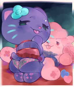 anthro blep blue_flower blue_whiskers border butt chibi clothed clothed_anthro clothed_female clothing duo eyelashes featureless_hands feet female female/female female_anthro flower flower_on_head hair hindpaw kneeling looking_at_viewer looking_back looking_back_at_viewer lying on_back panties pawpads paws pink_body pink_clothing pink_hair pink_inner_ear pink_nose pink_panties pink_pawpads pink_tongue pink_underwear plant purple_body purple_ears red_clothing red_shirt red_topwear seiza shirt simple_eyes sitting spread_legs spreading tail tongue tongue_out topwear underwear whiskers white_border ligma_(artist) hello_kitty_(series) hello_kitty_super_style! sanrio frido_(hello_kitty) pinkylilrose canid canine canis domestic_cat domestic_dog felid feline felis mammal 2026 digital_media_(artwork) hi_res shaded