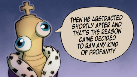 anthro blue_eyes chess_piece clothed clothing derp_eyes googly_eyes male not_furry robe solo text hokra glitch_productions the_amazing_digital_circus kinger_(tadc) animate_inanimate living_chess_piece 2026 comic english_text hi_res