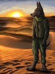 anthro black_body black_fur bottomwear brown_eyes clothing desert digitigrade fur jacket landscape male morning pants sand scarf solo standing sunrise topwear yenocwolf hex_(satanic-furry) canid canine canis jackal mammal melanistic_jackal absurd_res digital_media_(artwork) digital_painting_(artwork) hi_res portrait