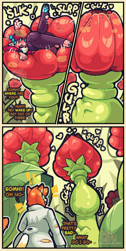 anthro biped bodily_fluids carnivorous_plant clothed clothing coat eyewear female femboy forced forest fur glasses group hair jungle lab_coat lore male monster_pred nerd oblivious oral_vore plant plant_pred plant_vore scientist sleeping tail text topwear trapped tree trio unaware_prey unwilling_prey vore nagifur nagi_(nagifur) somni_(nagifur) elemental_creature felid flora_fauna mammal monster plant_monster comic digital_media_(artwork) english_text hi_res sequence story