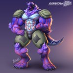 abs anthro armor biped digitigrade fist flexing gradient_background male muscular pecs simple_background solo standing papagen full-length_portrait portrait signature