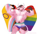 anthro clothing flag fur hair horn lgbt_pride male muscular muscular_male nipples pride pride_color_flag simple_background solo tail yaiski lgbt_pride_month cerezo_the_bull_(yaiski) bovid bovine cattle mammal hi_res