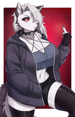 anthro big_breasts breasts clothing collar ear_piercing ear_ring female fingerless_gloves fur gesture gloves grey_hair hair hand_gesture handwear huge_breasts jacket legwear middle_finger one_eye_obstructed piercing red_sclera ring_piercing solo spiked_collar spikes tail thick_thighs thigh_highs topwear white_body white_fur wide_hips zatma hellaverse helluva_boss mythology loona_(helluva_boss) canid canid_demon canine demon hellhound mammal mythological_canine mythological_creature absurd_res hi_res