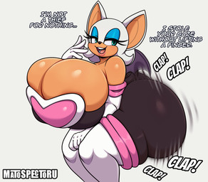 anthro ass_clapping big_breasts big_butt biped breasts bubble_butt butt clothed clothing dialogue eyelashes female fingers huge_breasts huge_butt legwear looking_back open_mouth pupils simple_background smile solo text thick_thighs thigh_highs twerking wide_hips matospectoru sega sonic_the_hedgehog_(series) rouge_the_bat bat mammal 2025