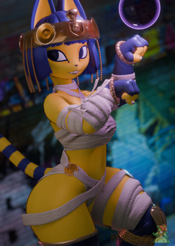 anthro black_eyes blue_clothing blue_fingerless_gloves blue_gloves blue_hair blue_handwear blue_legwear blue_stockings blurred_background bracelet breasts butt clothing egyptian female fingerless_gloves fur gloves hair handwear headgear jewelry knee_pads legwear looking_aside markings mummy_wrappings smile solo stockings striped_markings striped_tail stripes tail tail_markings teeth text thick_thighs wide_hips yellow_body yellow_fur nthclover warfaremachine_(modeler) animal_crossing capcom nintendo street_fighter ankha_(animal_crossing) menat_(street_fighter) warfare_ankha domestic_cat felid feline felis mammal 3d_(artwork) artist_name digital_media_(artwork) hi_res