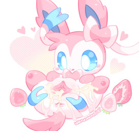 anus berry blue_inner_ear blue_sclera blush blush_lines bodily_fluids bow_ribbon chibi clitoral_hood clitoris cum cum_in_ass cum_in_vagina cum_inside female feral food fruit genital_fluids genitals heart_symbol licking licking_lips pawpads paws pink_body pink_pawpads pink_tail pink_tongue pink_vulva plant pupils raised_leg ribbons ribbons_(anatomy) short_tail small_nose smile solo spread_legs spread_vulva spreading strawberry tail tongue tongue_out urethra vulva white_pupils waruwaru0205 nintendo pokemon eeveelution generation_6_pokemon pokemon_(species) sylveon 2025 colored digital_drawing_(artwork) digital_media_(artwork) hi_res