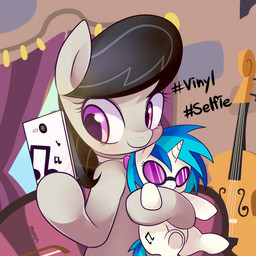 black_hair bowed_string_instrument cello cellphone electronics eyelashes female feral hair holding_object holding_phone musical_instrument phone plushie purple_eyes selfie smile solo string_instrument text marenlicious friendship_is_magic hasbro my_little_pony octavia_(mlp) vinyl_scratch_(mlp) earth_pony equid equine horse mammal pony 1:1 2016 english_text hi_res