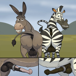 accessory anatomically_correct anatomically_correct_anus anatomically_correct_genitalia anatomically_correct_penis animal_genitalia animal_penis anus balls butt cock_ring duo equine_anus equine_genitalia equine_penis erection feral fur genitals jewelry looking_at_viewer looking_back male narrowed_eyes penis penis_accessory penis_jewelry puffy_anus raised_tail rear_view seductive smile stripes tail tail_anus teeth urethra mcfan dreamworks madagascar_(series) shrek_(series) donkey_(shrek) marty_(madagascar) asinus donkey equid equine mammal zebra 1:1 digital_media_(artwork) hi_res