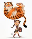 5_fingers armor blue_eyes braided_hair clothed clothing duo female feral fingers fur green_eyes hair male orange_body orange_fur pawpads pink_nose simple_background smile striped_body striped_fur stripes whiskers white_background young luigil felid human mammal pantherine tiger digital_media_(artwork) hi_res