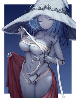 4_arms athletic bandage belly big_breasts big_hat blue_body blue_eyes blue_hair blue_skin bodily_fluids breasts clothed clothed_female clothing curvy_figure doll dress female female_humanoid glowing hair hat headgear headwear long_hair midriff multi_arm multi_limb navel not_furry one_eye_closed simple_background skimpy solo sweat thigh_gap under_boob wide_hips wizard_hat ojonii elden_ring fromsoftware ranni_the_witch animate_inanimate humanoid living_doll absurd_res hi_res